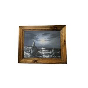 M.Harry Nautical Lighthouse Hand Signed Painting with Wooden Frame and Nautical